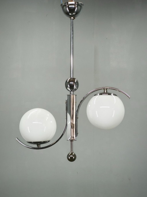 Lampadario Art Déco in cromo e vetro opalino a due luci, anni '30, Cecoslovacchia
