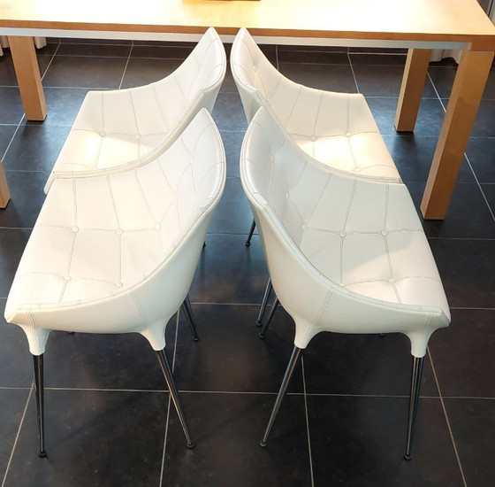 Set of 4 Dining chairs, white with chrome legs, Cassina, Metal, Leather, Modern (photo 3 of 7)
