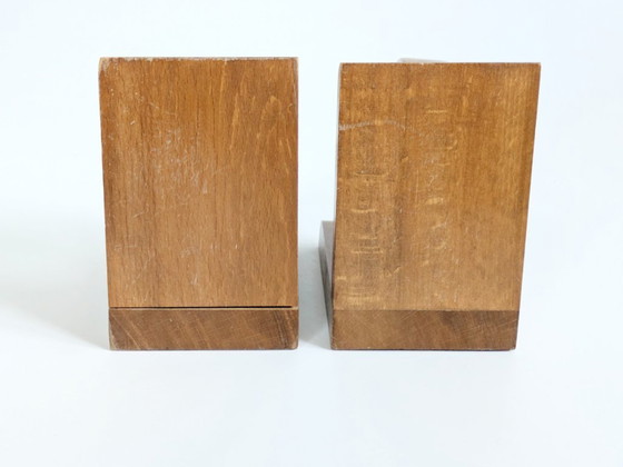 Image 1 of Midcentury Wooden Bookends Pair, Bauhaus Art Deco Style Hoop Design, Sculptural Shelf Decor