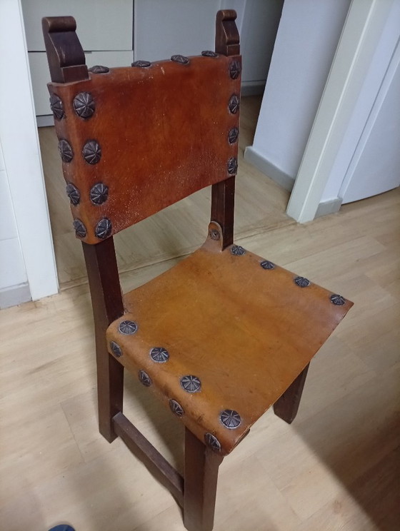 3 rustikale Esszimmerstühle – Leder, Metall (photo 5 of 11)