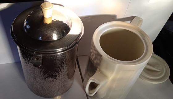 Image 1 of 1.0 l coffee pot WMF thermal jug porcelain Bauscher Weiden hammered metal look silver plated