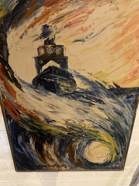 Pintura firmada, titulada 'Tormenta en el Mar'. – Arte, Madera, Lienzo (photo 5 of 10)