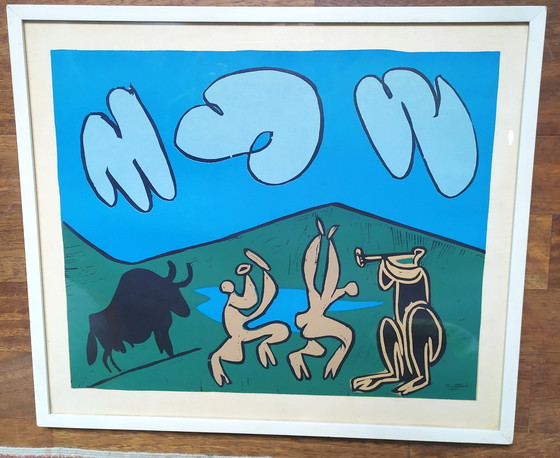 Image 1 of Linogravure vintage "Bacchanale avec taureau noir" de Pablo Picasso, 1962