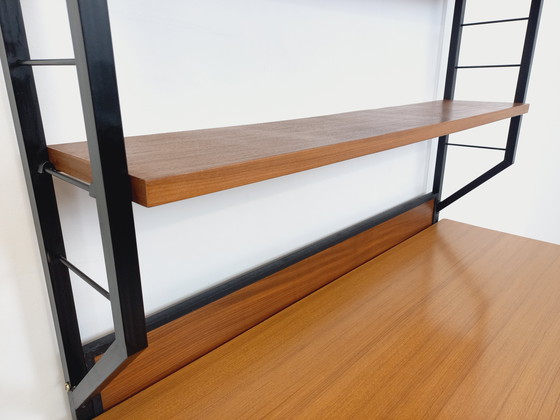 Image 1 of Italian modernist desk with built-in modular string bookcase in teak, metal and melamine from the 60s