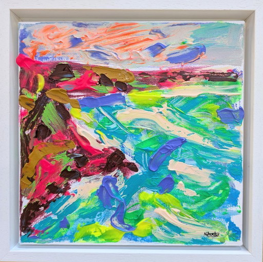 NORTH CORNWALL SEASCAPE CANVAS ORIGINAL 20x20cm NIGEL WATERS SIGNED HOLIDAY BUDE