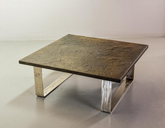Image 1 of Mid-Century Ardesia Collection Brutalist Square Slate Stone Coffee Table in Pia Manu Style. Belgium, 1960s.