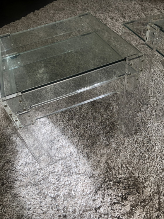 Image 1 of 2x 2 Vintage Eclectisch Plexiglas/glazen bijzettafels
