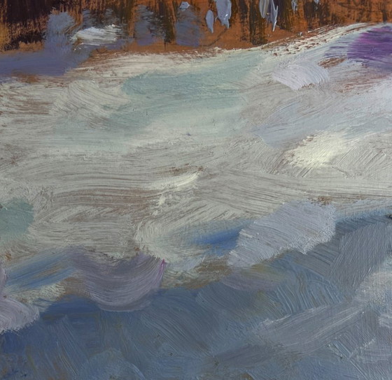 Image 1 of Original Oil Painting Winter Village Landscape Large snow drifts fell