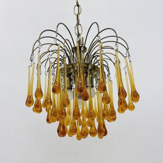Image 1 of Mid Century Design Murano-Bernsteinglas-Tropfenleuchter, 1970er Jahre