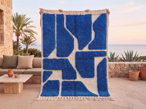 Alfombra bereber azul hecha a mano a medida con diseño especial, 2/3 m – Aime Té, vloerkleden en tapijten, Wool