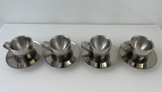 Image 1 of Set of 4 stainless steel espresso cups with saucers