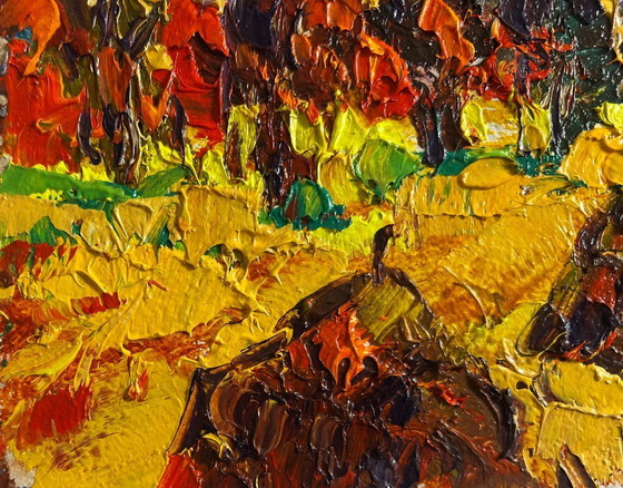 Image 1 of Original Oil Painting Autumn Nature Landscape The sun sets in the field