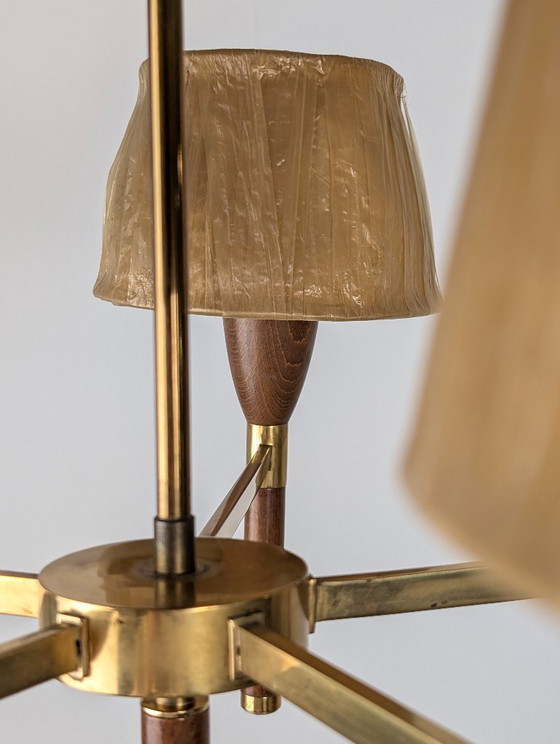 Image 1 of Danish Five-Arm Chandelier in Wood and Brass, 1950s