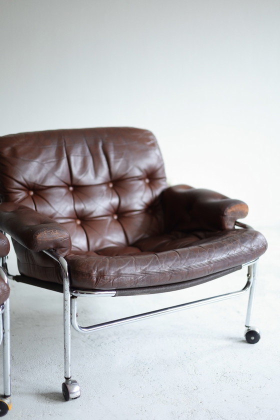 Set of 2 vintage Armchairs model ‘Eva’ Lindl&ouml;fs M&ouml;bler 1960s, Lindlöfs Möbler, Chrome, Leather (photo 3 of 9)