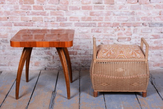 Original Art Deco Stool, Wood, Hemp, Well-Preserved Condition, Czech, 1940s – Footstools & poufs, Textile (photo 8 of 13)