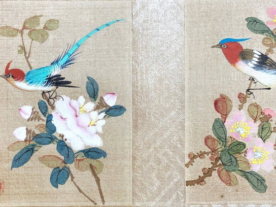 Image 1 of Chinesische Seidenmalerei, 1930, Volkskunst, Orientalische Bienenfresser, Signiert