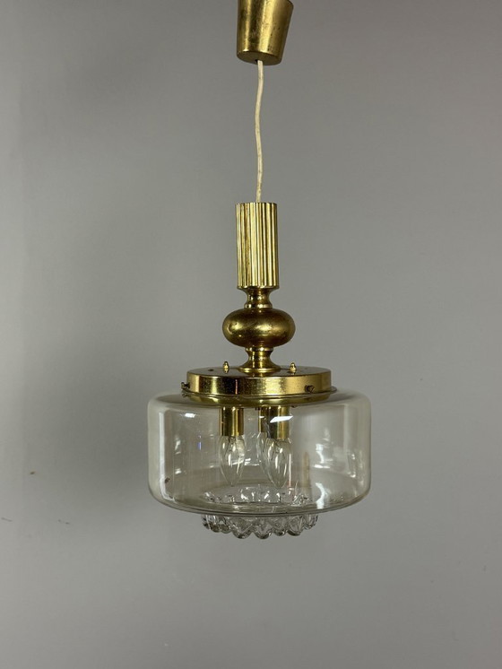 Image 1 of Mid-Century Brass and Glass Pendant Lamp, Attributed to Doria. Germany, 1960s.