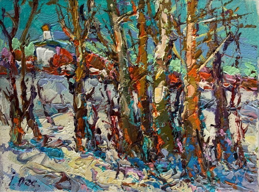 Dipinto a olio originale, paesaggio invernale con chiesa, giornata di sole invernale.