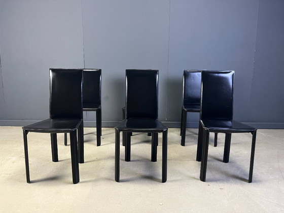 Image 1 of Schwarze Leder-Esszimmerstühle von De Couro Brazil, 1980er Jahre - 6er-Set