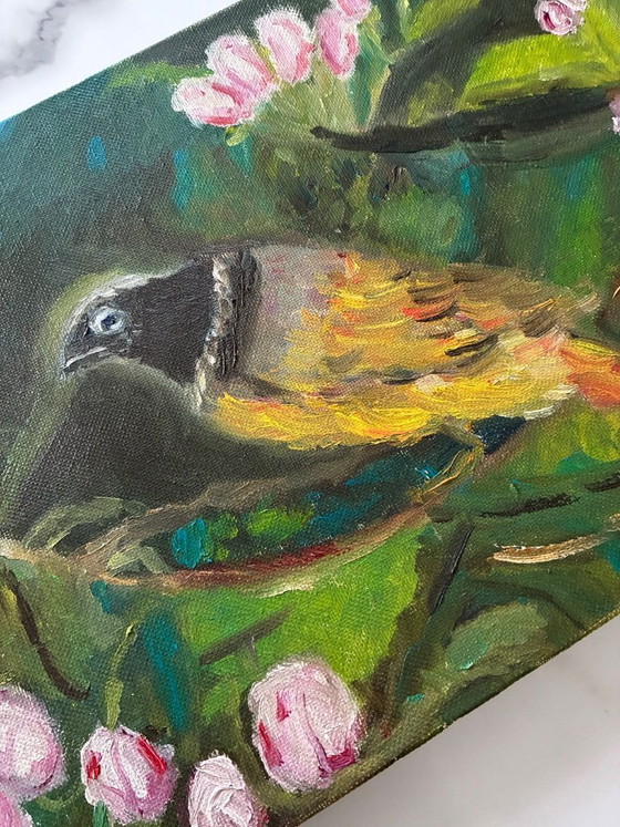 Image 1 of Antique oil painting on canvas, still life with a goldfinch