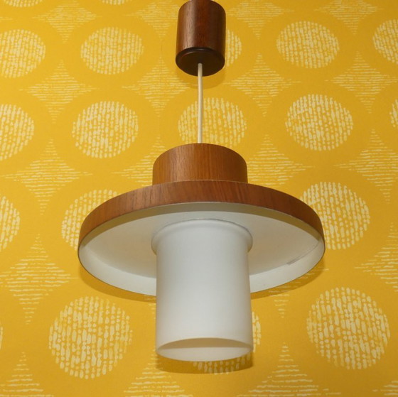 Image 1 of elegante pequeña lámpara colgante años 60 lámpara de techo teca cristal opal