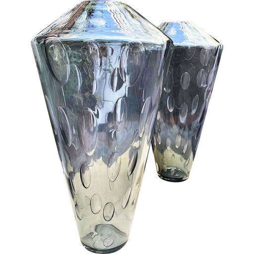 Paire de vases vintage en verre de Murano gris fumé par Renzo Stellon by Salvatia murano, 2009