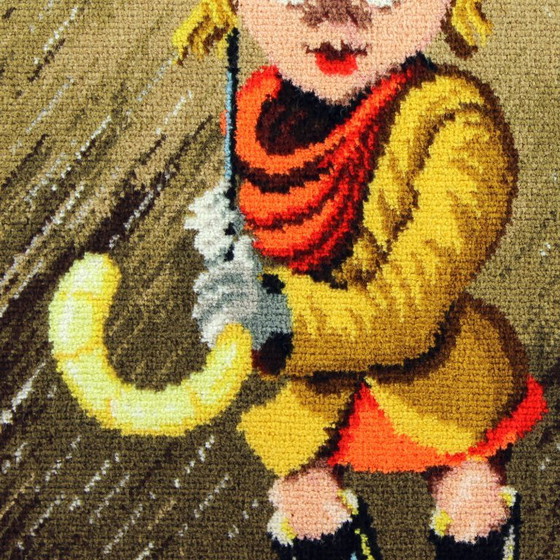 Image 1 of Large Vintage Tapestry Of Cartoon Girl In Frame, Czechoslovakia 1970s