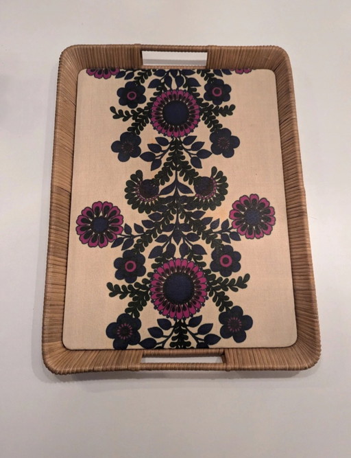 Plateau vintage 70s fleurs en rotin