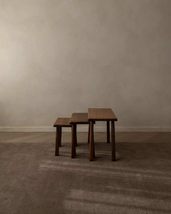 Image 1 of Vintage Brutalist Solid Oak Nesting Tables (Set of 3) – Dutch, 1970s