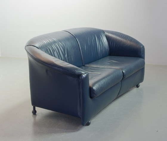 Image 1 of Mid-Century Design Wittmann Petrol Blue Soft Leather Two-Seat Sofa, Model Aura Designed by Paolo Piva. Austria, 1980s.