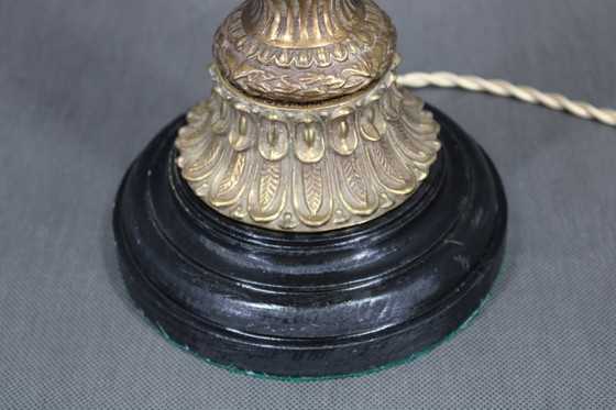 Image 1 of 1940s Restored Brass Table Lamp with Wooden Base and Glass Shade