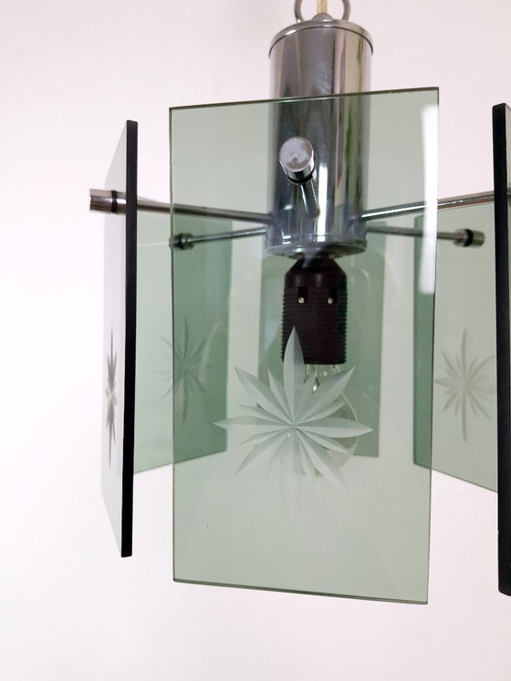 Image 1 of Mid-Century Modern Pendant Lamp, Made in Yugoslavia, EMI Poljčane, 1970s Modern Light, Green Smoked Glass, Space Age, Atomic Age