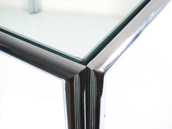 Image 1 of Tavolino da caffè vintage in vetro e cromo | Design modernista anni '60-'80 | 60 × 60 × 46,5 cm