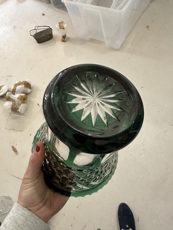 Image 1 of Dark Green Cut Crystal Vase Val Saint Lambert