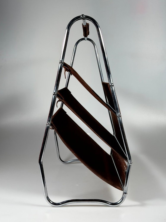 Image 1 of 1960s/70s Newspaper Holder/Magazine Stand, Metal/Leather, Mid-Century Design