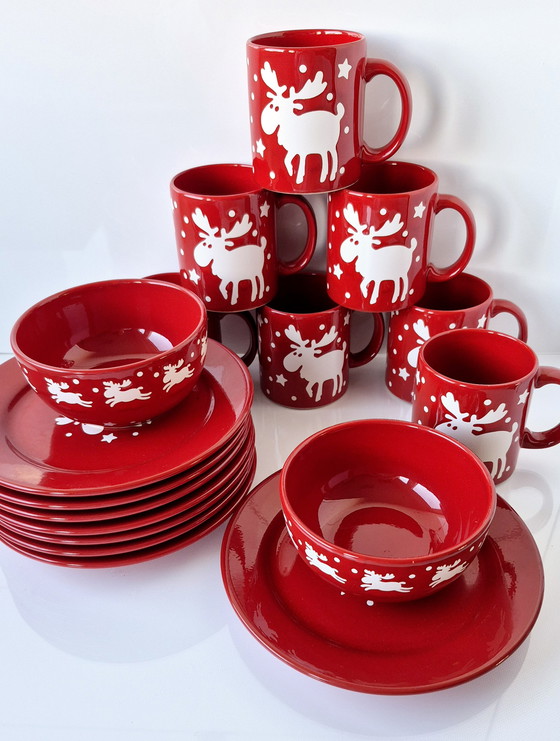 Image 1 of Waechtersbacher Keramik Design Emma Mugs Christmas Reindeer Service Fun Factory 8 Persons