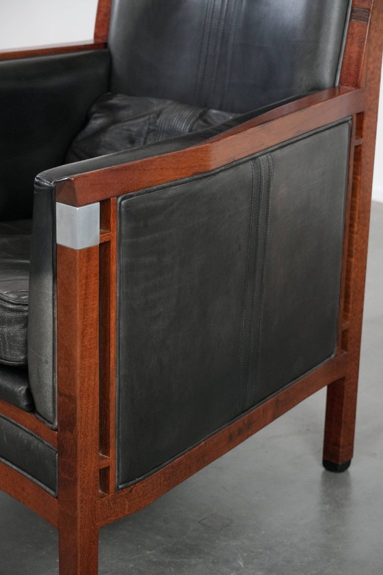 Image 1 of Zwarte Art Deco rundleren en houten Schuitema design fauteuil uit de Decoforma serie met een hoge rug