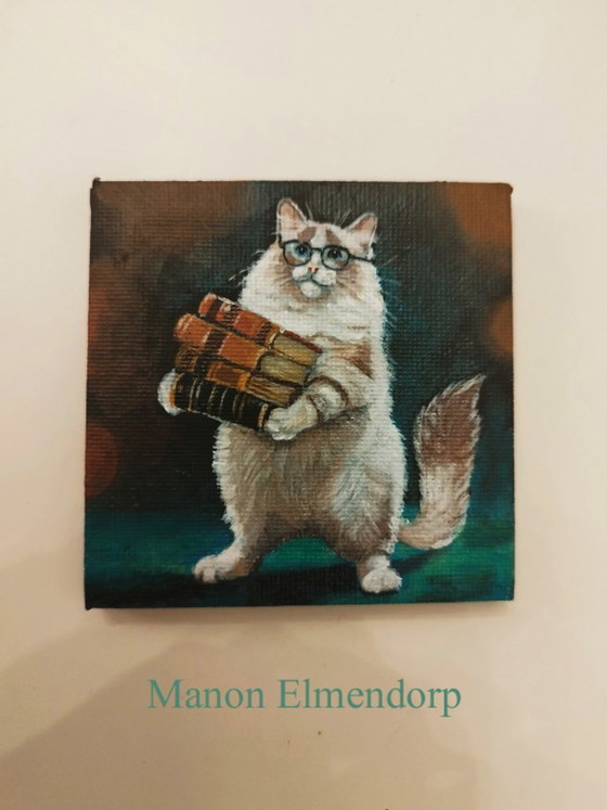 Unique Hand-Painted Small Painting of a Cat with a Stack of Books – Paintings & Drawings, Canvas, Wood (photo 6 of 7)