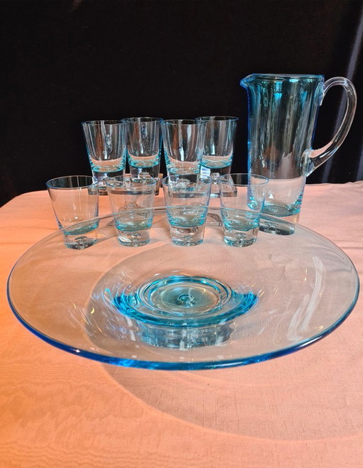 Krosno Poland ice blue art glass bubble drink set with bowl for ING 2000