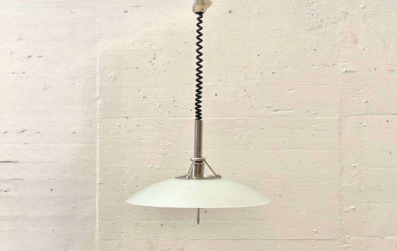 Image 1 of Suspension avec abat-jour en verre opale et suspension réglable en hauteur, années 1970