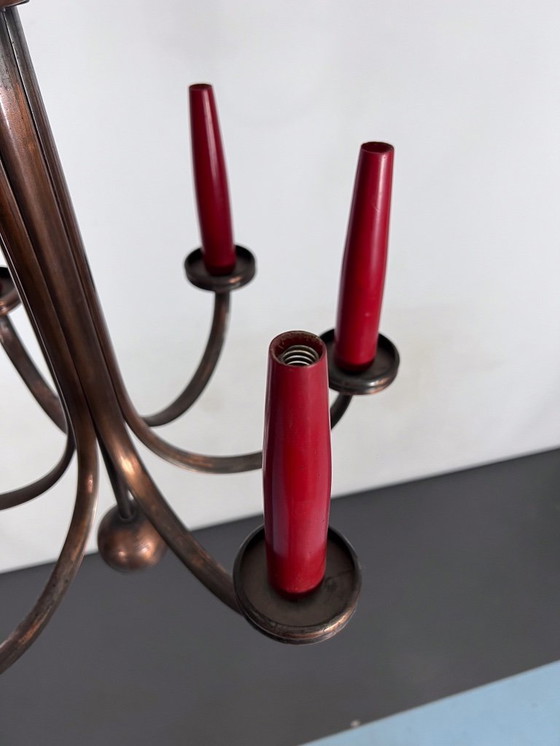 Image 1 of Lampadario in rame a sei bracci, stile Mid-Century Modern, in stile Gio Ponti. Italia, anni '50.