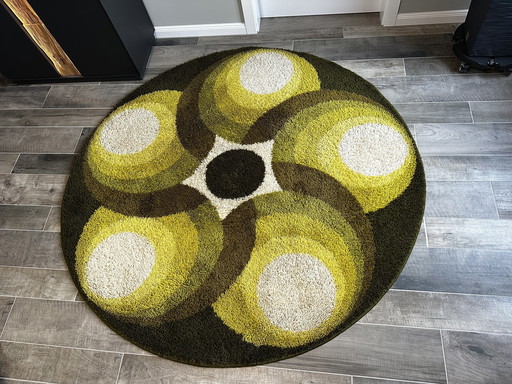 Original Prinstapijt-Teppich aus der 70er Jahre im Rya-Design mit warmen Grün- und Gelbtönen