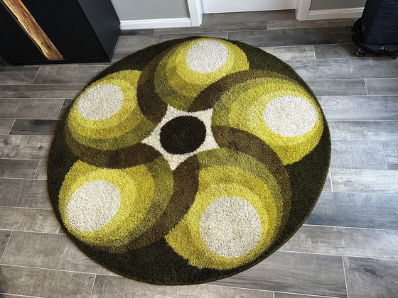 Image 1 of Original Prinstapijt-Teppich aus der 70er Jahre im Rya-Design mit warmen Grün- und Gelbtönen