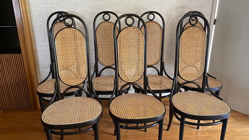 Unique THONET XL set: 10x vintage Thonet 'Long John' chairs + optional extendable dining table – eetkamerstoelen, Rattan