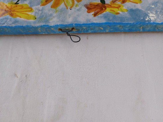 Image 1 of Signed Italian Faience Wall Tile by Aconte, Hand Painted Floral Still Life, Made in Italy Vintage Ceramic Art