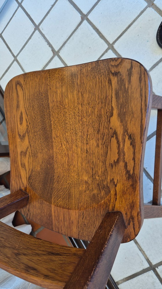 Image 1 of Set van 4 vintage Nederlandse brutalistische massief eikenhouten eetkamerstoelen – Nederlands vakmanschap