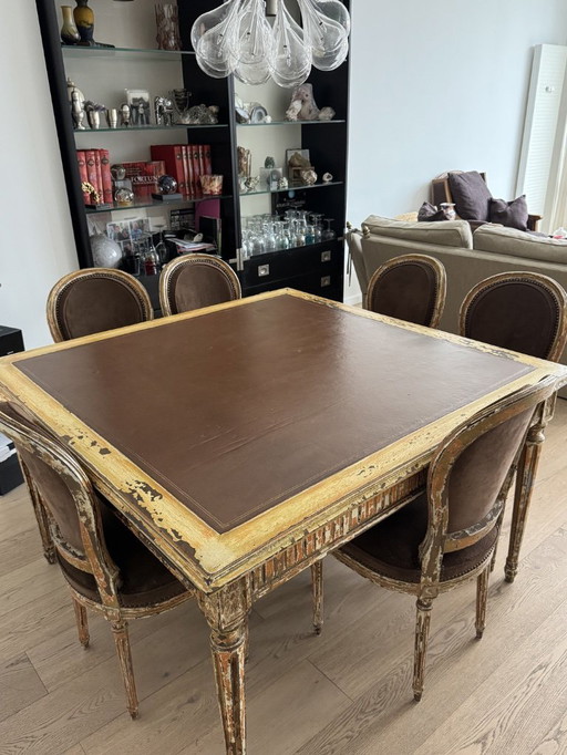 Tavolo in rovere policromo firmato JP Barbier – piano in pelle – pezzo artistico unico