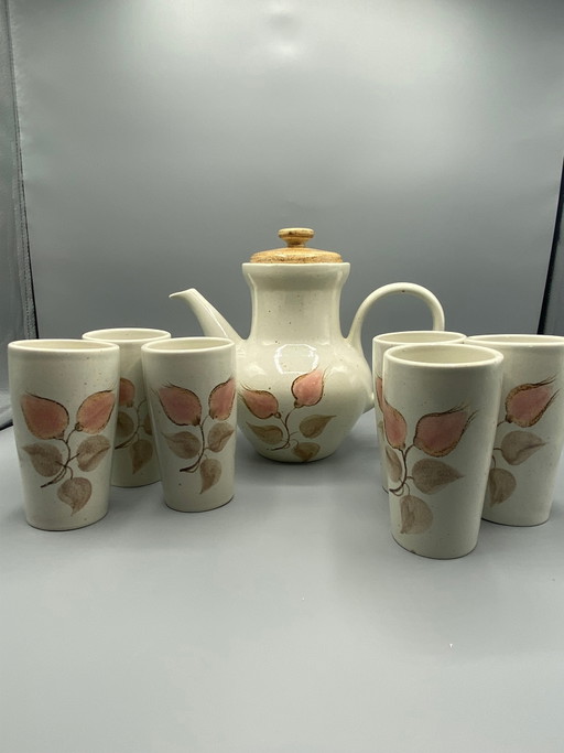 Salins France aardewerk koffieservies – koffiepot en 6 kopjes – roze bloemendesign – Cork