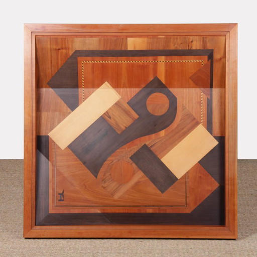 Square coffee table, handcrafted marquetry work, 1985