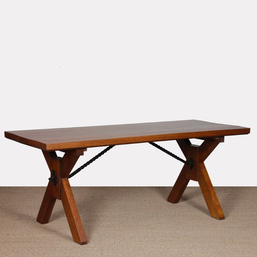Solid oak dining table, French craftsmanship, 1960